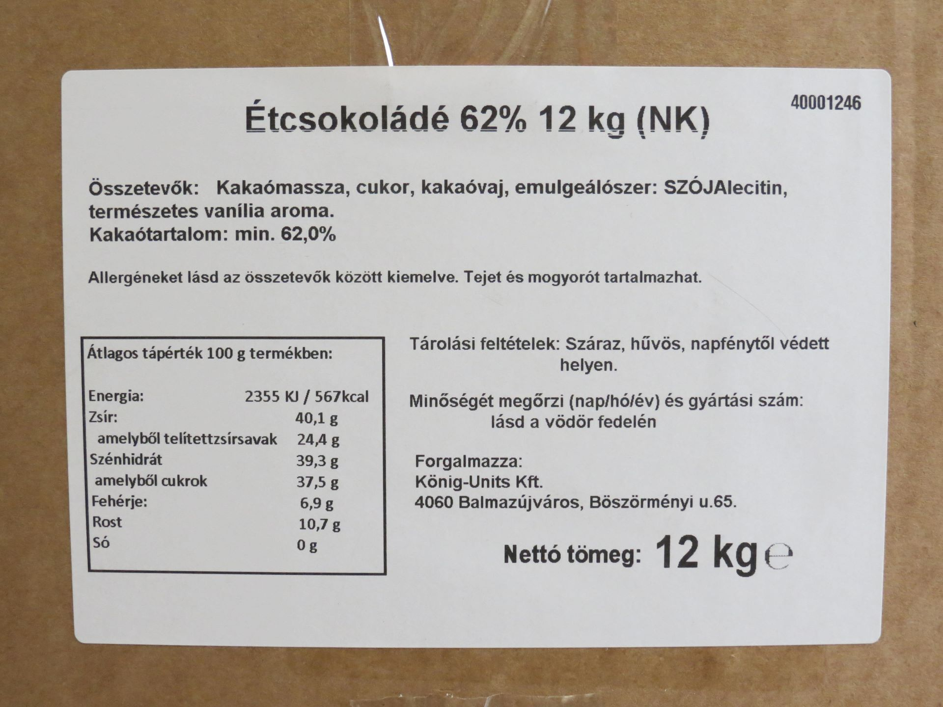 Étcsokoládé 62% 12 kg (Nutkao)